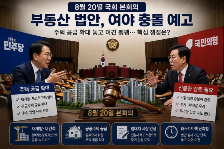 8월 20일 국회 본회의 앞두고 여야 충돌 예고…부동산 법안 핵심 쟁점은?